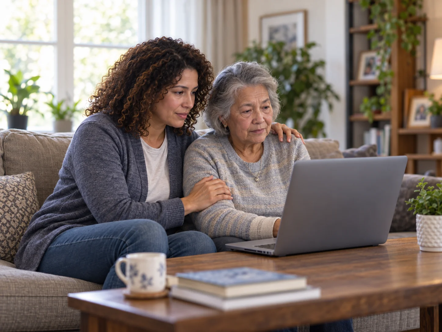 Adult daughter sitting with her mother during a Home Doc telehealth visit
